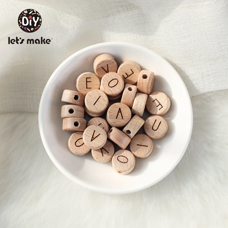 Let's Make Wooden Teether Beads English Alphabet Letter 52pcs Beech Custom Personalized Name DIY Pacifier Chain Baby Goods Toys