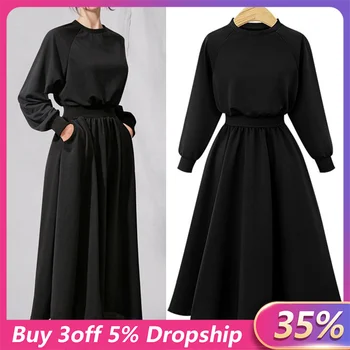 

Free ShippingBohemian Retro Black Solid Color Women Dress Autumn Winter Deep O-neck Sexy Long Sleeve Chiffon Long Dress