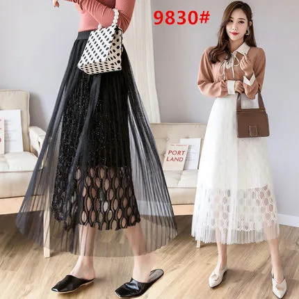 

Gauze Skirt Women's 2019 Spring New Style Pleated Mid-length High-waisted INS Super Fire A- line Skirt Sub-