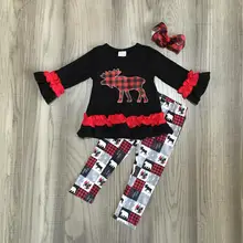 Осень-зима; Рождественский комплект одежды для маленьких девочек с оленем и ацтекскими клетчатыми штанами; Изысканная детская одежда с оборками и бантом