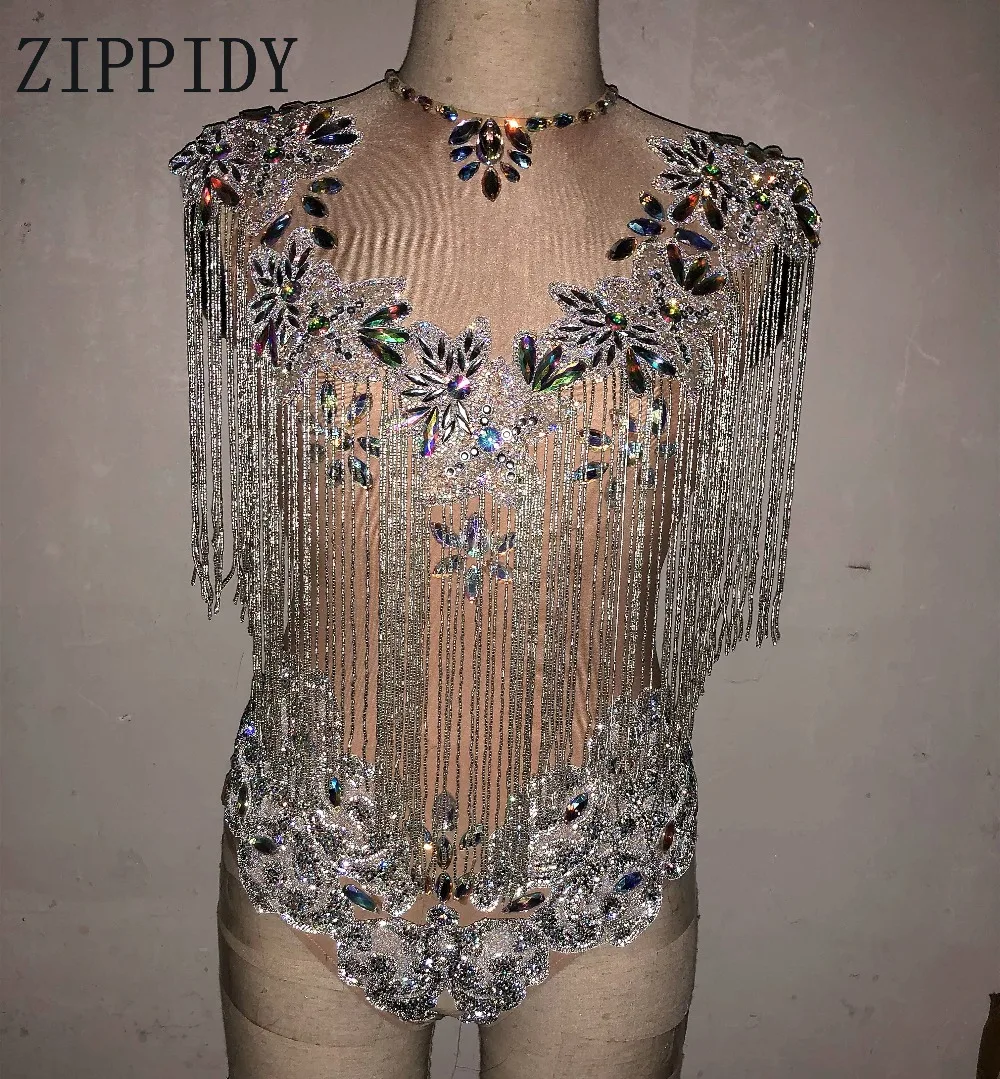 

New Sexy AB Rhinestones Tassels Stretch Nude Bodysuit Prom Party Birthday Celebrate Outfit Singer Dancer Show Clothes