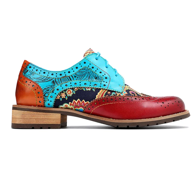 Retro Women Pumps Vintage Embossed Genuine Leather Splicing Hollow Lace Up 3CM Square High heels Women Shoes zapatos de mujer