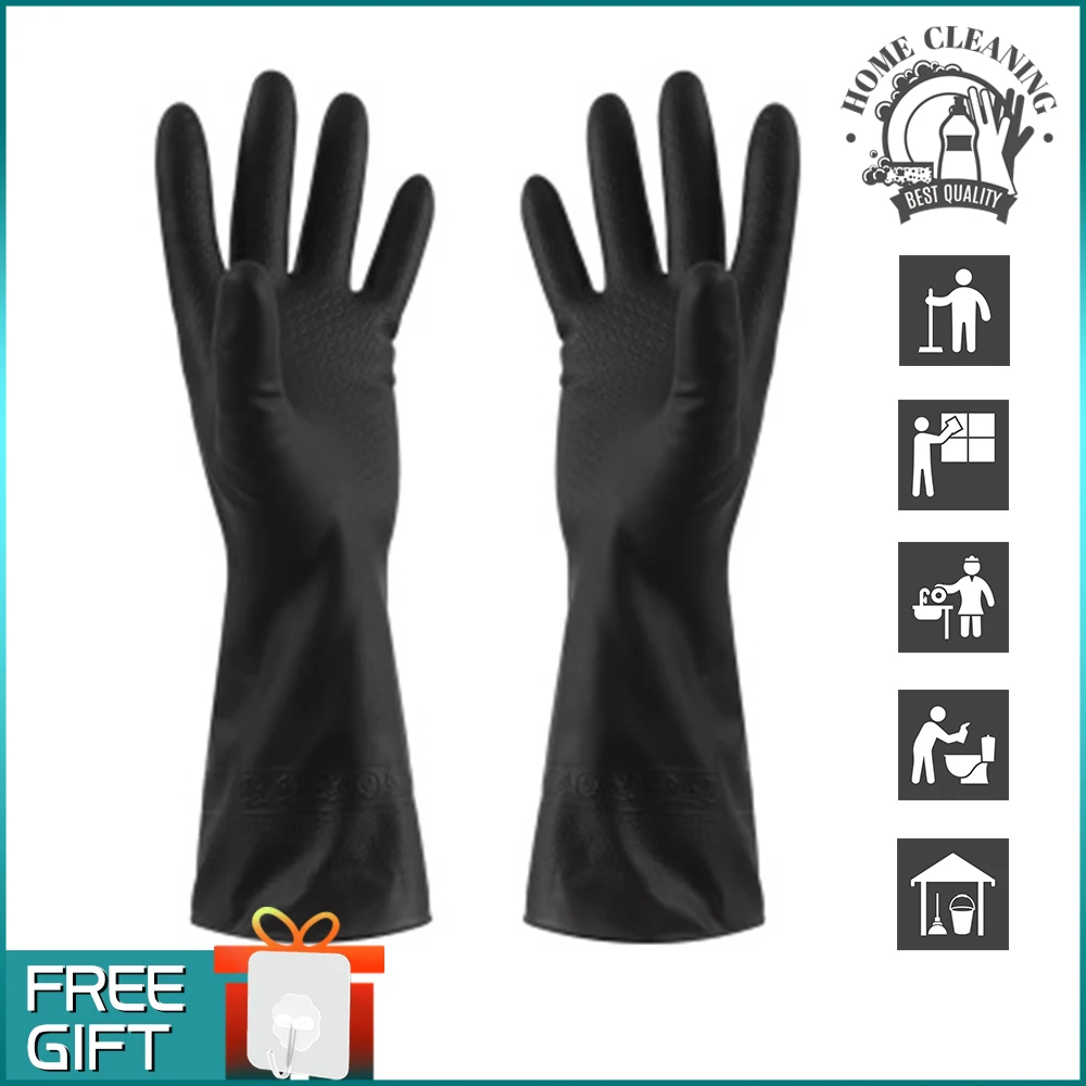 

1 Pair Reusable Black Gloves Household Chores Kitchen Bathroom Cleaning Gloves Rubber Durable Water-Proof Gloves Household Tool