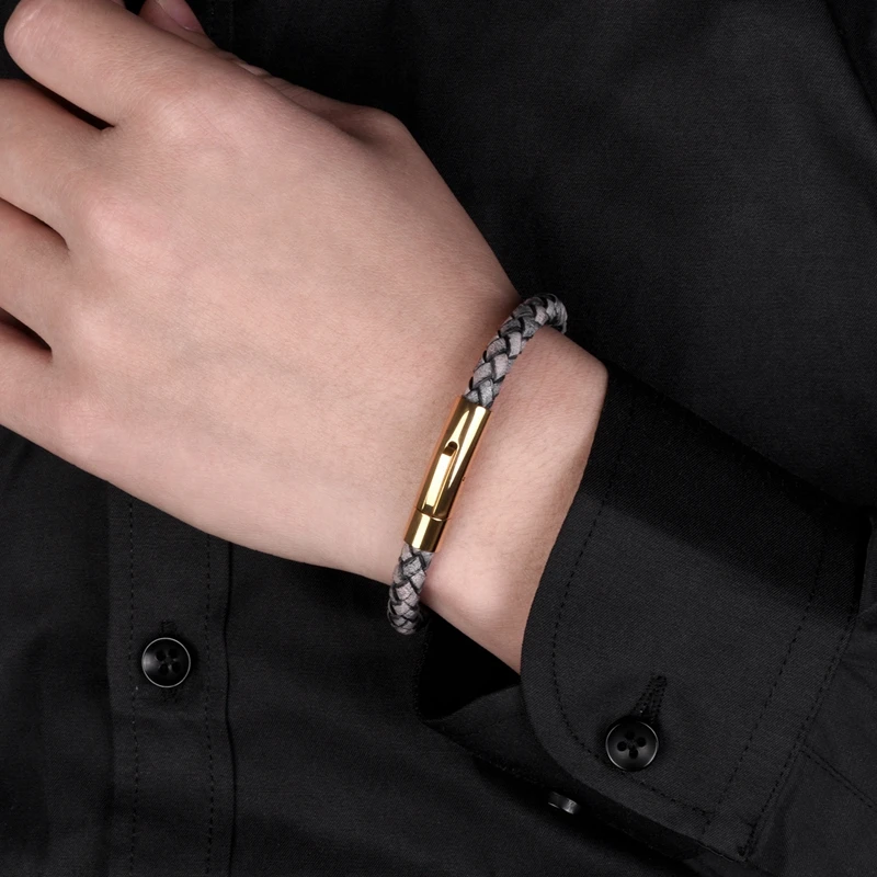 MOZO FASHION HOT Man Charm Bracelets Gray Genuine Leather Rope Mixed Braided Bracelet Simple Punk Woman Classic Jewelry 602