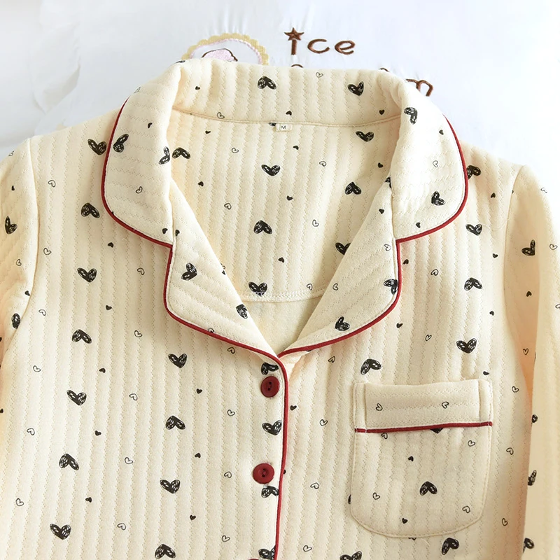 Autumn Winter Cute Pajamas Set Sleepwear Thicken Warm Cotton Female Long Sleeve Trousers Pijama Suit Pyjama Female Loungewear