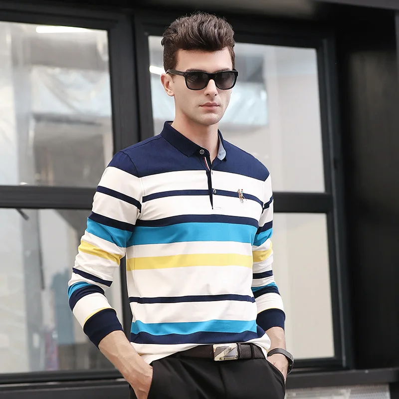 New Brand Men's Striped Long Sleeve Polo Shirt Men Autumn Full Sleeve Warm Shirt Casual Pocket Tops Plus Size S-3XL
