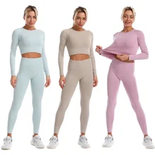 Combinaison de Yoga sans couture pour femmes, ensemble d'entraînement à manches longues, vêtements de gymnastique, de course, en Nylon, 2 pièces, tenue de Sport 