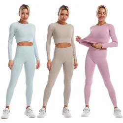 Women Seamless Yoga Suit Long Sleeve Workout Set Tight Breathable Gym Clothing Running Nylon Exercise 2 Two Piece Sport Outfit