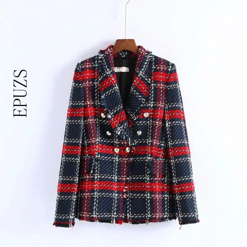 

Winter red plaid women blazers and jackets casual office work tweed blazer Coat Double Breasted tassel suit jacket blazer femme