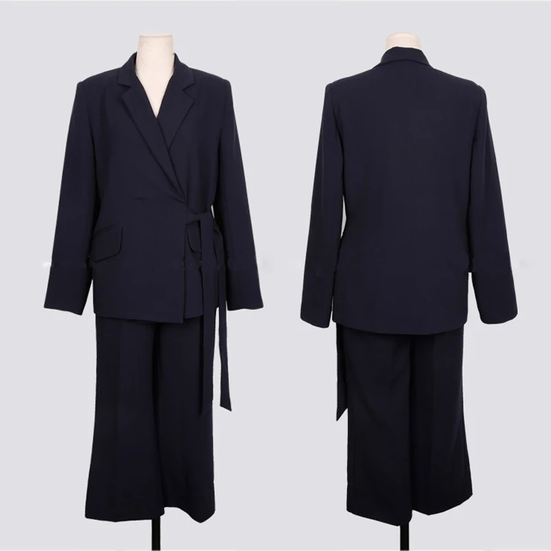 Navy Pants Suit Новое поступление, Женский блейзер с длинным рукавом и поясом, широкие длинные штаны, толстый комплект из 2 предметов, женский темно-синий повседневный костюм со штанами S9831 - Цвет: Navy Pants Suit