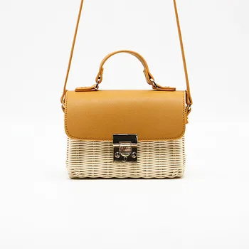 

Caker Brand 2020 Women Ratton Box Handbag Fashion Yellow PU Leather+straw Beach Bags