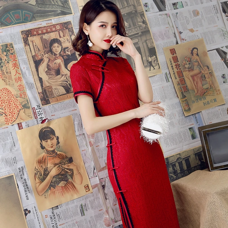 Traditional Chinese Qipao Cheongsam Autumn Lace Handmade Button Elegant Vintage Women Long Dress