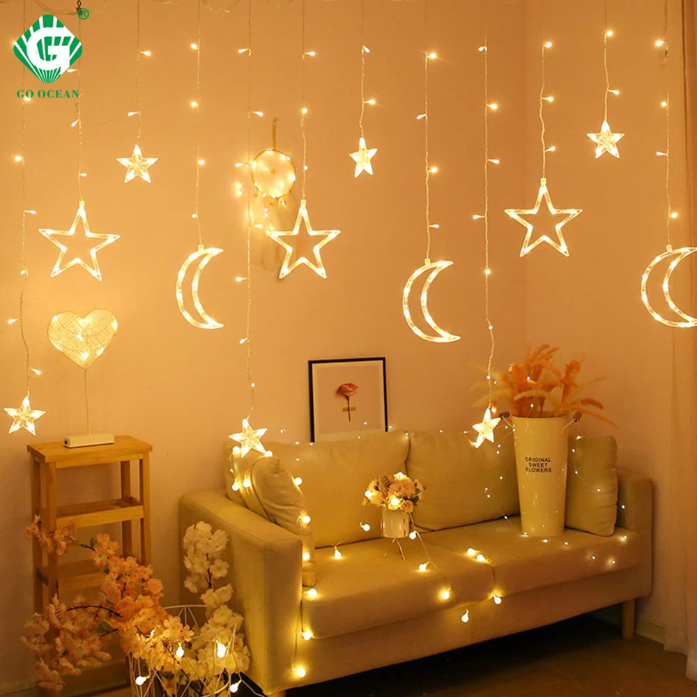 

Moon Star Fairy Lamp Childrens EU US Plug Copper Wire Curtain Twinkle String Light Birthday Wedding Party Christmas Lights Decor