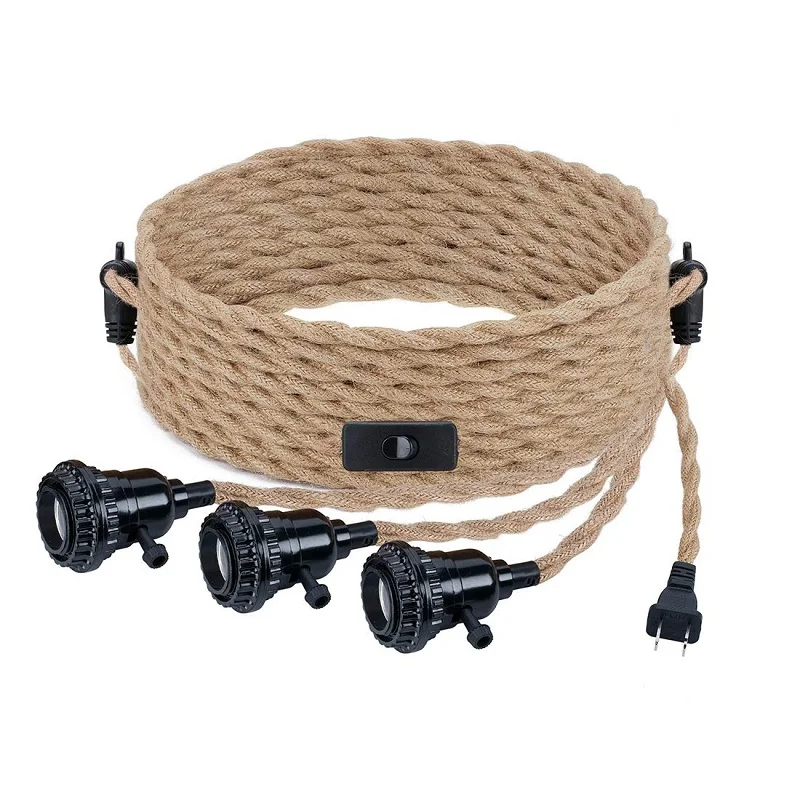 Loft Hang Light with Rope Vintage 3 Heads Pendant Light Holder 4M Hemp Cord Set E27 Socket Bedroom Living Room Pendant lamp afbeelding