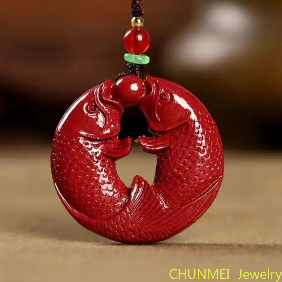 

Fashion Cinnabar Jade Fish Pendant Necklace Jewellery Chinese Hand-Carved Healing Women Man Luck Gift Sweater Chain Cinnabar