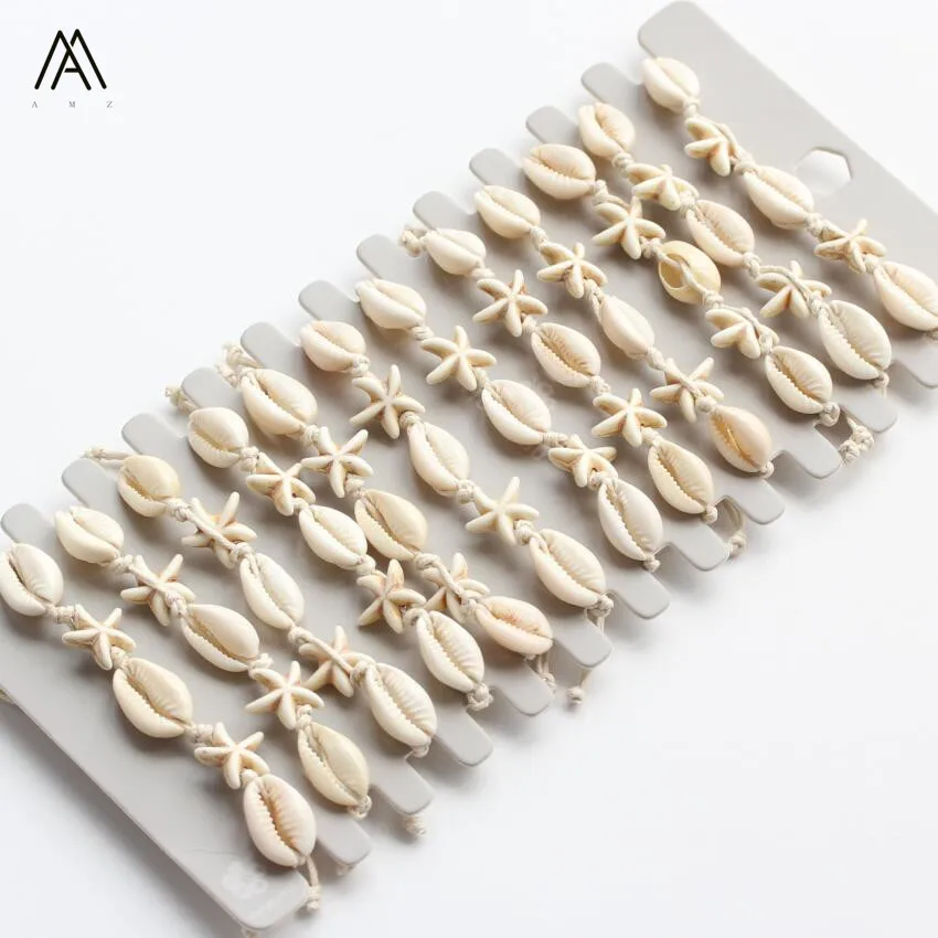 

12pcs/Set Boho Summer Starfish Rope Bracelets Adjust,Natural Shell Starfish Knotted Charms Bracelets For Women Jewelry HNLL-11