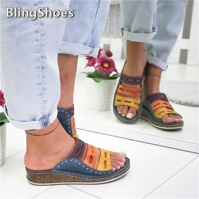 Summer shoes Women Slipper female Retro patchwork Color Casual Wedge Heel Beach Open Peep Toe Sandals Shoes women Slides | Обувь