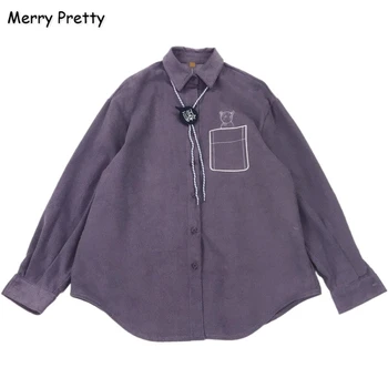 

Women's Corduroy Top And Blouses Cartoon Cat Embroidery Cotton Blouse 2020 Spring Sweet Girls Turndown Collar Shirt MERRY PRETTY