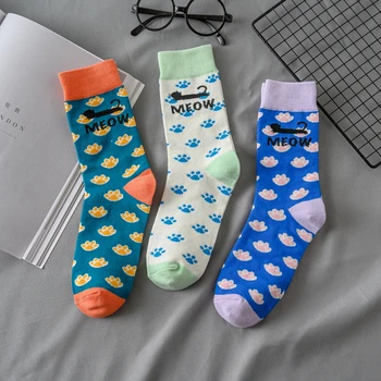 

Cartoon polka dot socks women Kitten paw Harajuku kawaii funny socks three colors Splicing Street Fashion Happy Couple socks