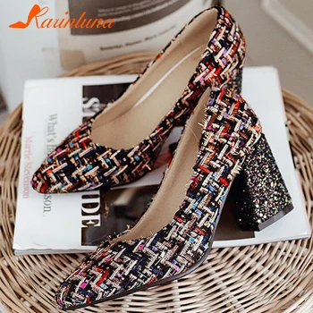 

KARINLUNA Plus Size 32-46 New Ladies Party Ol Pumps Fashion Mixed Colors Shallow Pumps Women Chunky High Heels Shoes Woman