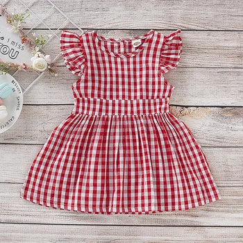 

Girls Casual Cute Dress Lovely Summer Toddler Plaid Printing Fly Sleeve Round Collar Streetwear Fashion A-line Dress