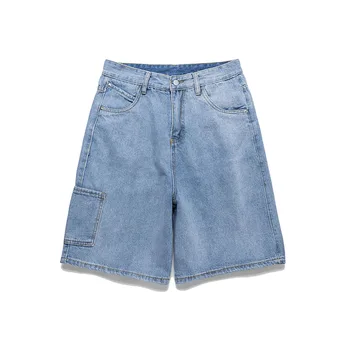 

20SS Denim Shorts Men and Women Loose Summer Korean Wide Leg Jeans Shorts Harajuku Plus Size Side Pockets Straight Cargo Shorts