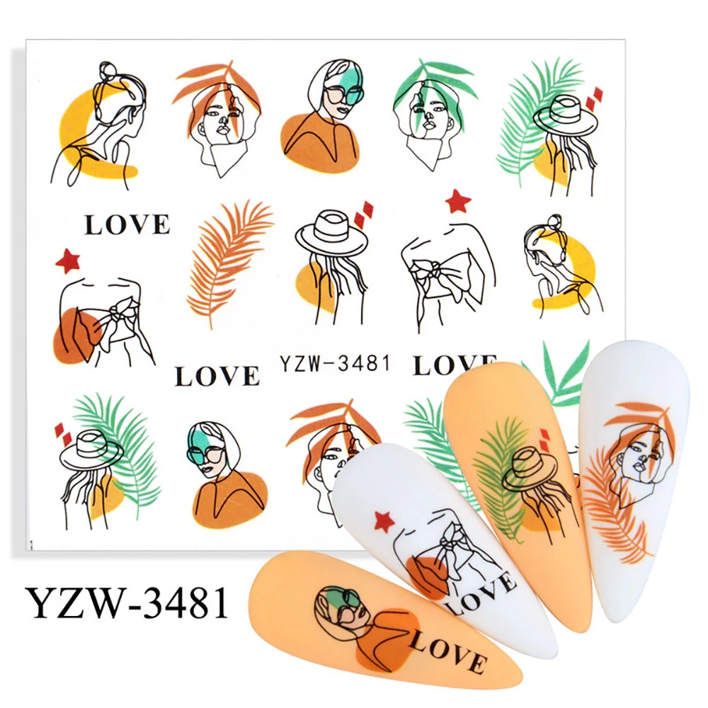 Colorful Face Flower Stickers Nail Stickers Transfer Nails Water Decal Nail Decals Leaf Sticker Series Watermark Nails Geometric