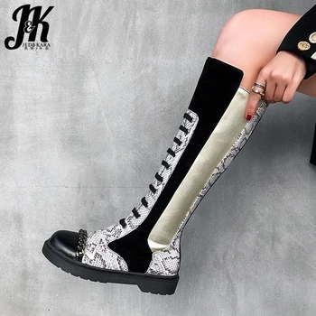 

JK Motorcycle Boots Women Mid-Calf Snake Skin Pu Boot Ladies Round Toe Metal Shoes Female Zip Shoes Casual Flat Shoes Winter