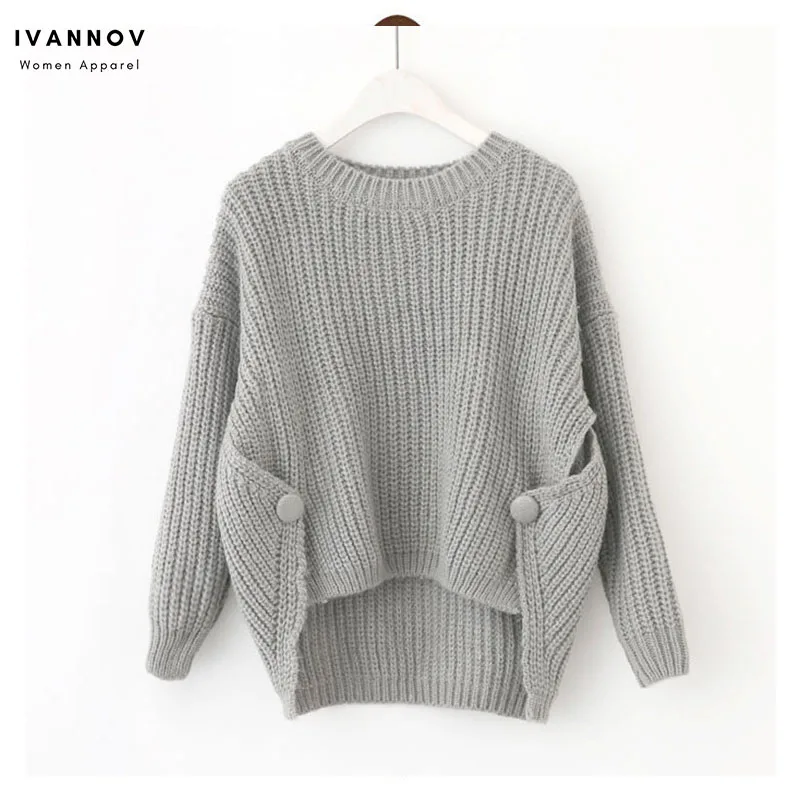 

Long and Short in Front Fork Autumn Winter Women Knit Sweater Pullovers Long Sleeve O-neck Loose Button Casual Cashmere Jumper