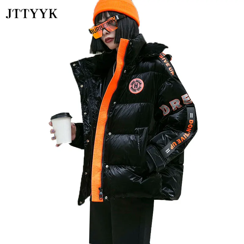 

Winter Jacket Women Hooded Feather Parka Warm Winter Snow Down Coat Casual Thick Short Black Puffer Jacket Bright Streetwear