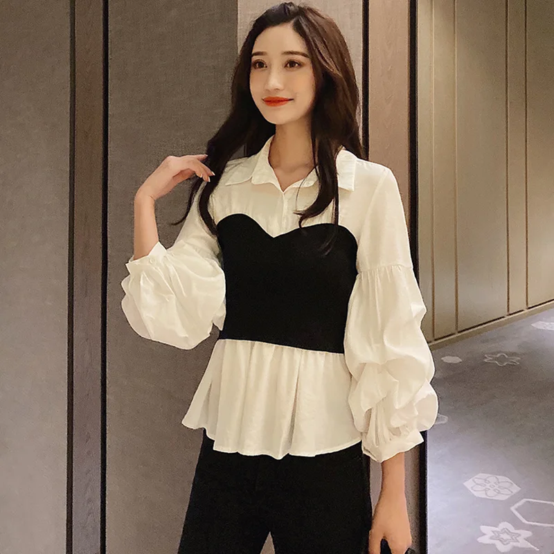Vintage Knitting Patchwork Corset Shirt Lantern Sleeve Women Spring Autumn Slim Peplum Tops Ladies Ruffle White Chiffon Shirts | Женская