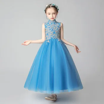 

Children Girls Sleeveless Design High-Quality Embroidery Lace Birthday Wedding Party Marriage Princess Fluffy Long Dress Clothes
