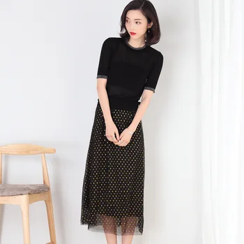 

Knitted dress women's thin 2020 summer women's new short sleeve temperament Chiffon splicing