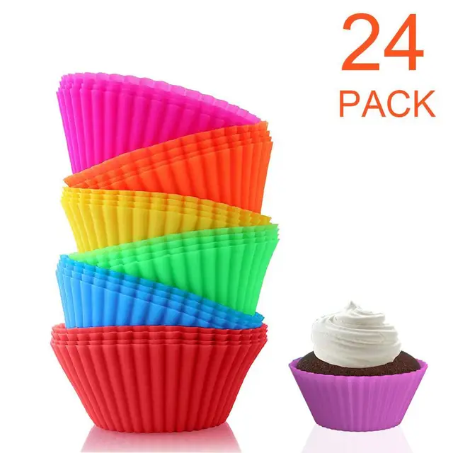 24 Pack Szilikon Öntőformák Cupcake Sütőcsészék Újrahasznosítható Muffin Csésze Bélés Szivárványos Csomagolók Nem Tapadó Torta Penész