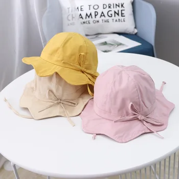 

2020 spring and summer new simple baby boy girl fisherman bucket hat Pure color bow baby basin caps Korean children's sun hat