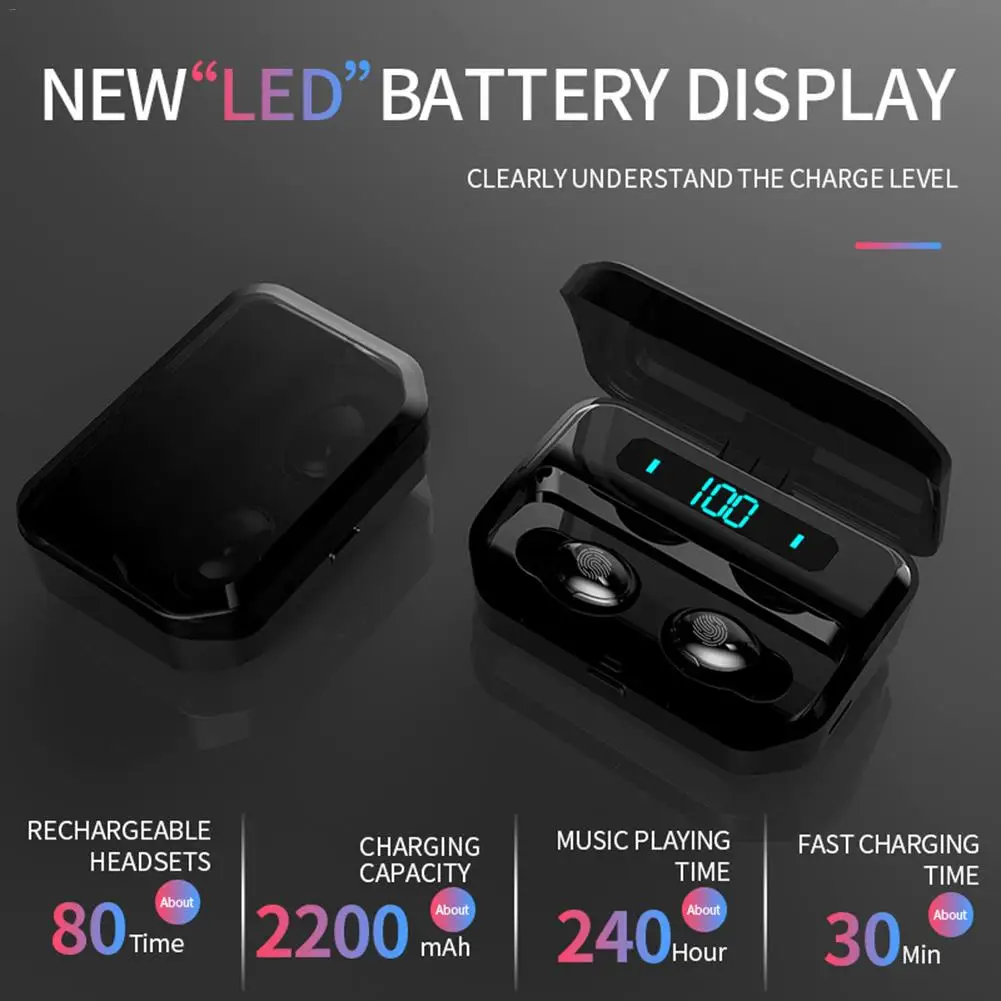 2019 New TWS Bluetooth Wireless Earphone 5 0 Stereo In Ear Earphones 9D Surround Stereo Headphones 2000mAh Charging Box