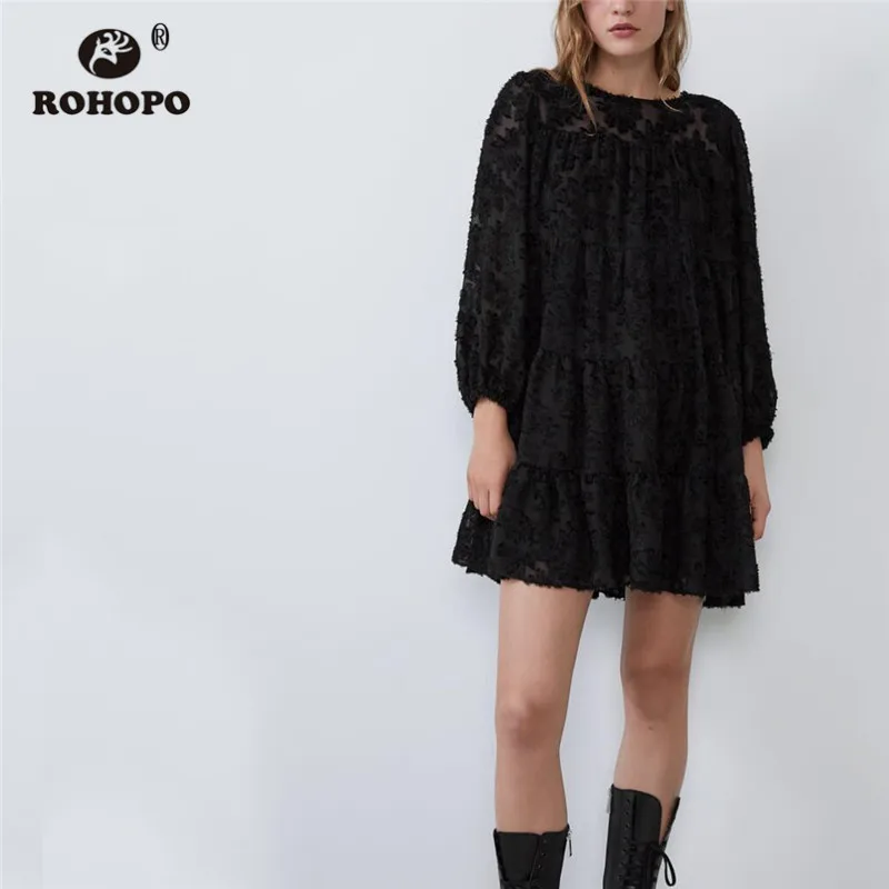 ROHOPO круглый воротник длинный рукав Черное мини-платье Раффлед вышивка