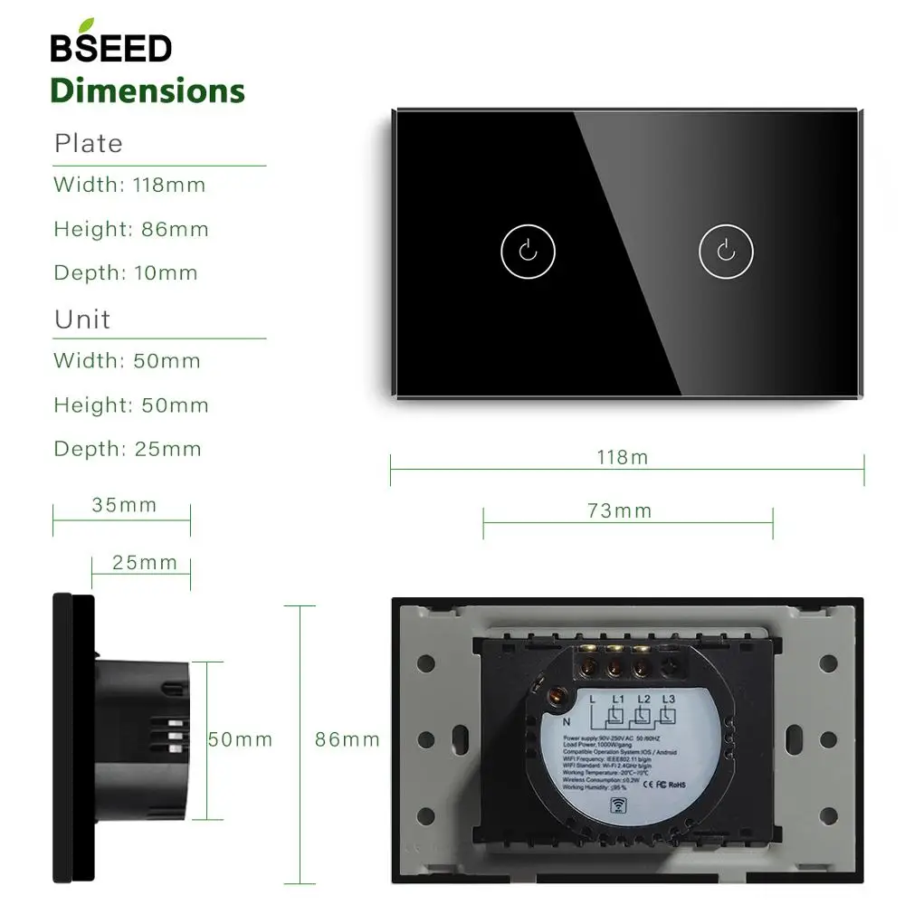 BSEED, стандарт США, сенсорный выключатель, Wifi, управление, 2 банды, умный переключатель, стеклянный светильник, белый, черный, золотой