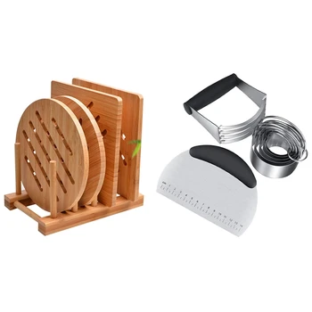 

3 Pcs Dough Cutter Pastry Blender Biscuit Cutter Set & 1set Bamboo Trivet Kitchen Bamboo Hot Pads Trivet Natural Bamboo