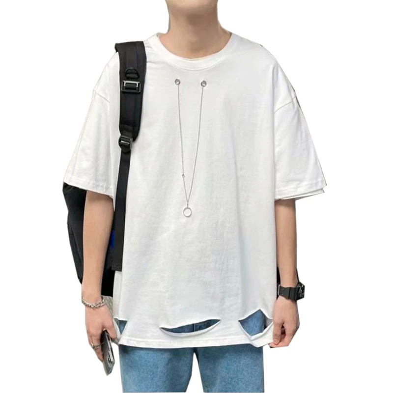 Hip Hop T Shirt Men Casual Cotton High Street Pendant Hole T-shirt Top Tees Black White Summer Loose t-shirts camiseta hombre