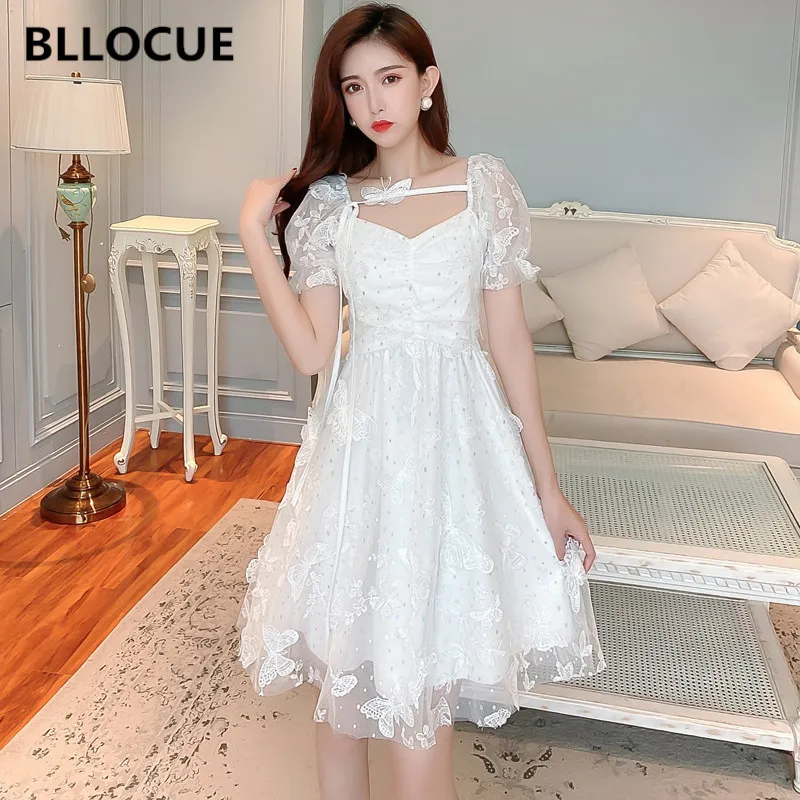 

BLLOCUE Elegant Butterfly Sequined Gauze Lace up Princess Dress Women 2020 Summer New V-neck Horn Sleeve Fashion Party Dress