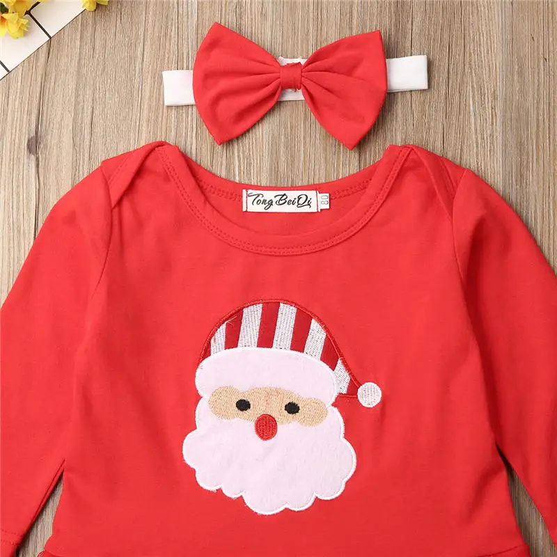Рождественское платье для маленьких девочек, детский наряд Санта-Клаус, платье-пачка для первого Рождества, красная сетчатая одежда с длинными рукавами, повязка на голову, 2 предмета