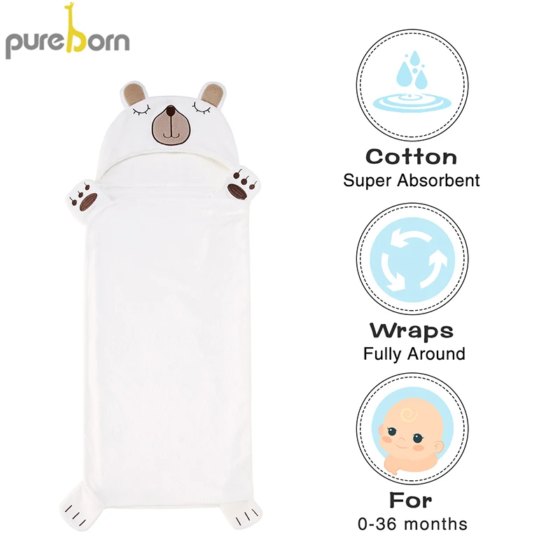 Pureborn Unisex Baby Towel Cartoon Animal Hooded Baby Bath Towel Terry Cotton Baby Stuff for Boys and Girls