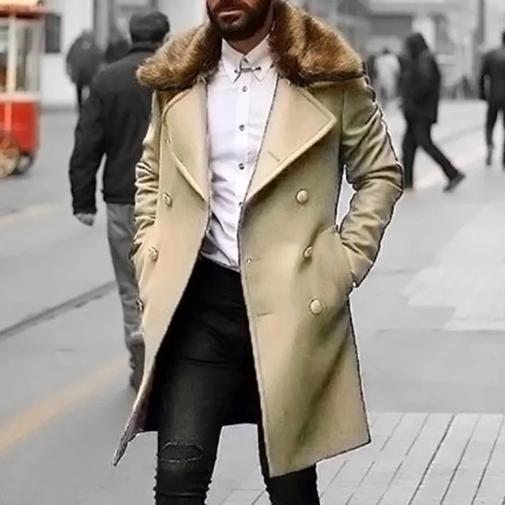 Great Value Men Wool Coat Winter Faux Fur Collar Warm Long Coats Men's Overcoat Trench Overcoat Fashion Vintage Army Green Long Jacket Man