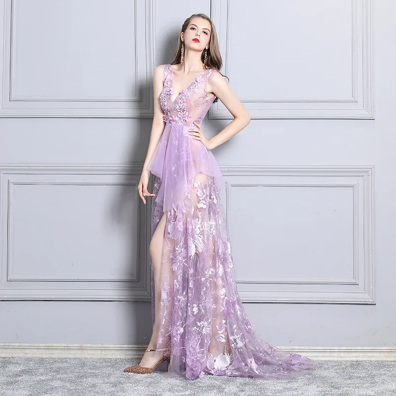 

BacklakeGirls 2019 Sexy V Neck Sleeveless Straight Tulle Illusion Prom Dresses High Low Transparent Women Dress