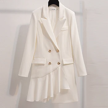 

Spring Suit Blazer Women 2019 Casual Double Breasted Asymmetrical Women Long Jackets Elegant Ruffle Long Sleeve Blazer Outerwear