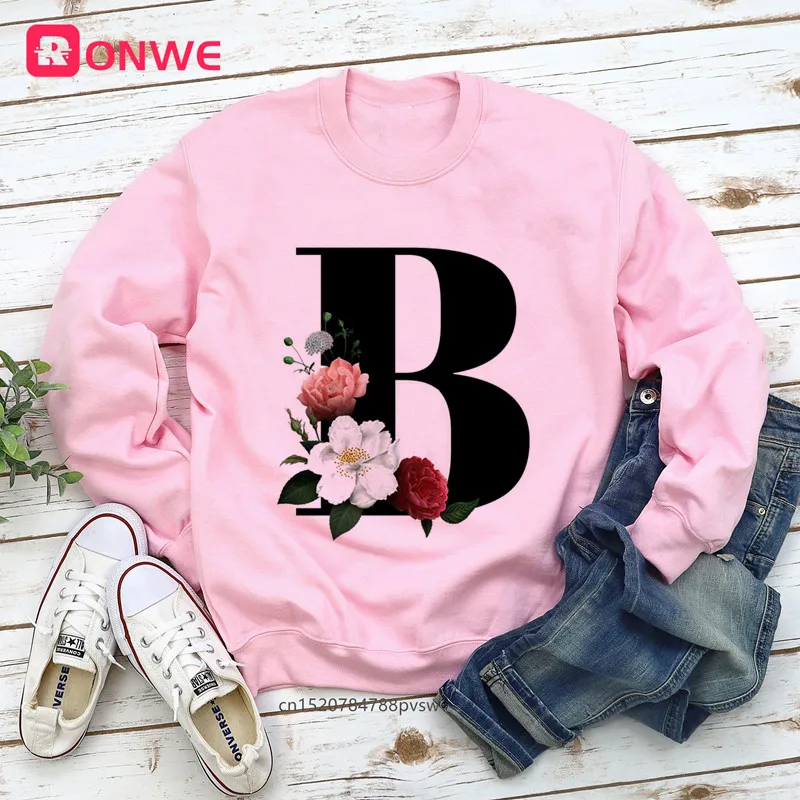

Women Custom name letter combination Sweatshirt Girl Autumn Hoodie Female Winter Flower letter A B C D Fleece Cotton Sweatshirt