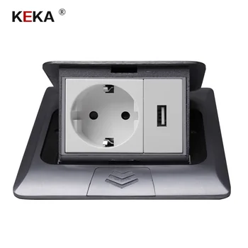 

KEKA All Aluminum Silver Panel Pop Up Table Floor Socket 16A Russia Spain EU Standard Power Outlet With USB Charging Port 5V 1A