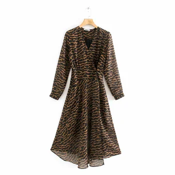

Ma & Du women's new fall 2019 V-Neck long sleeve Animal Print Black Chiffon medium length dress 06602807800