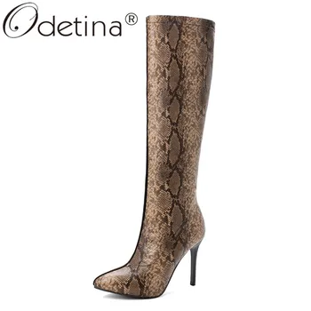 

Odetina Fashion Women Stiletto High Heel Snakeskin Knee Boots Sexy Pointed Toe Patchwork Side Zip Winter Half Boots Plus Size 48